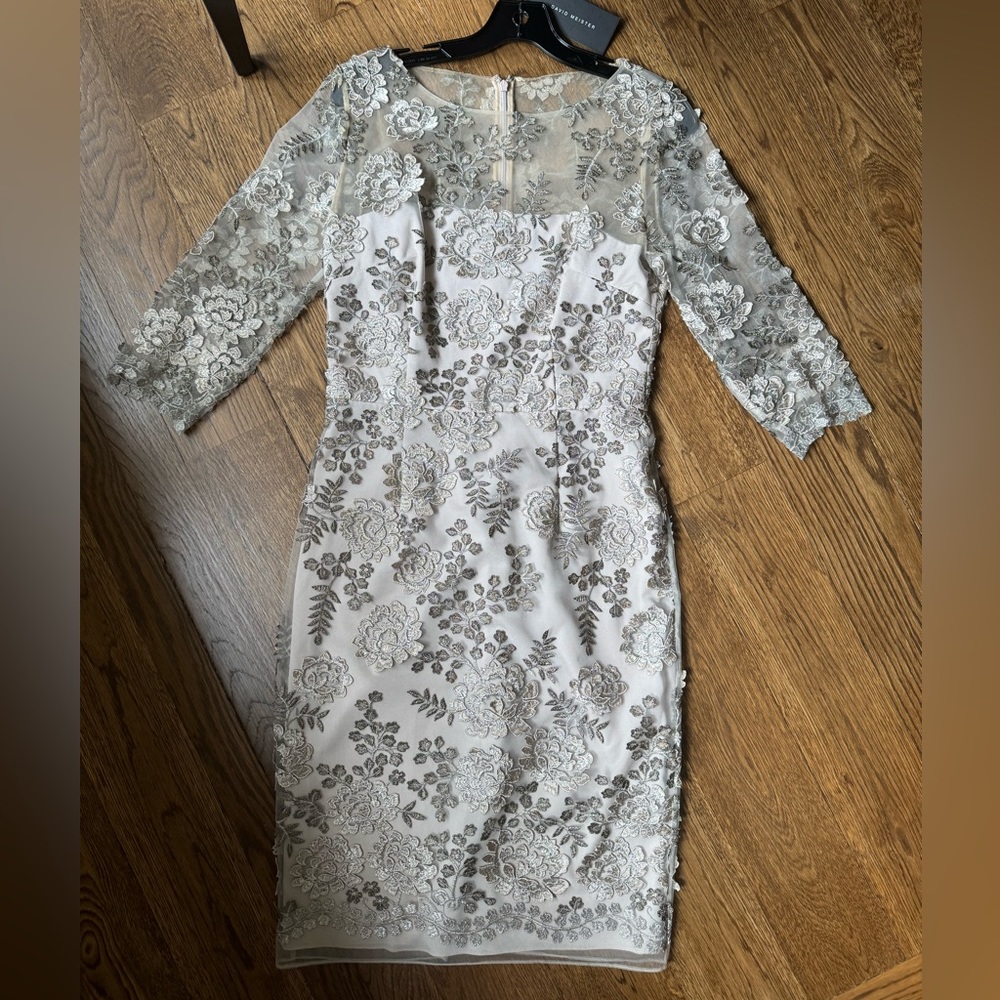 David Meister Silver Nude Floral Midi Dress
